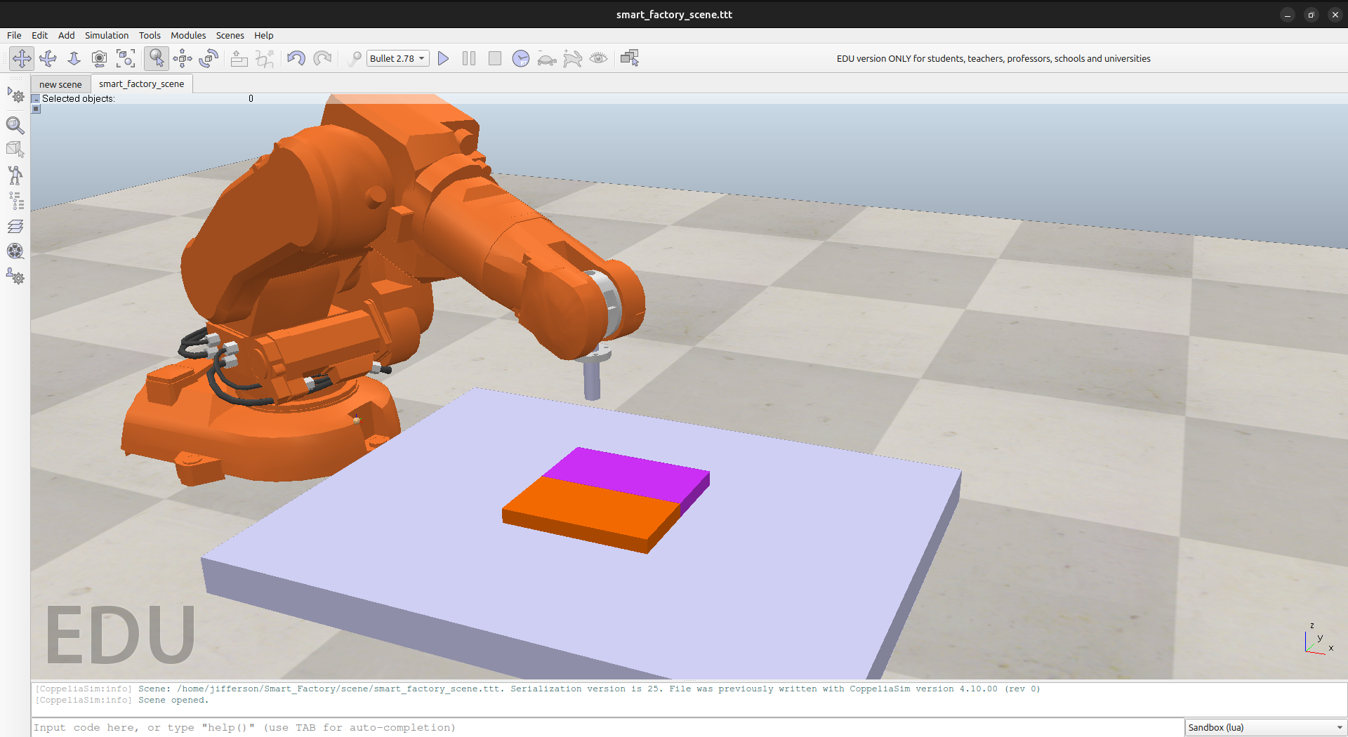 Close view of SmartFactory welding pieces and seam path in CoppeliaSim
