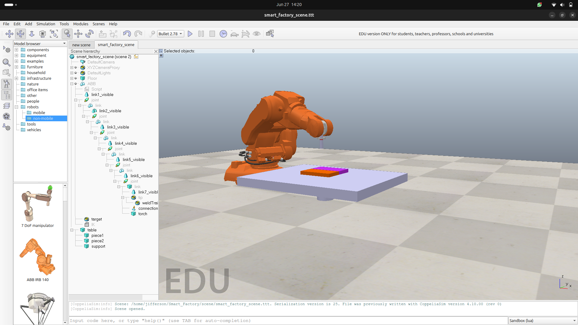 Full CoppeliaSim SmartFactory scene with ABB robot, table, and metal plates