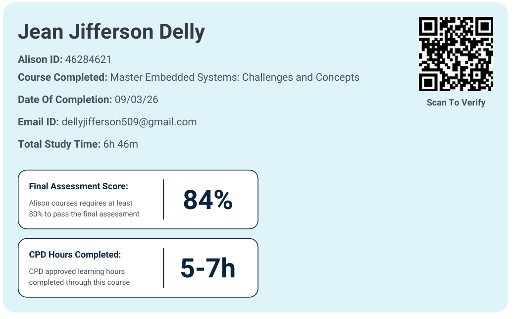 Certificate for Master Embedded Systems: Challenges and Concepts completed by Jean Jifferson Delly